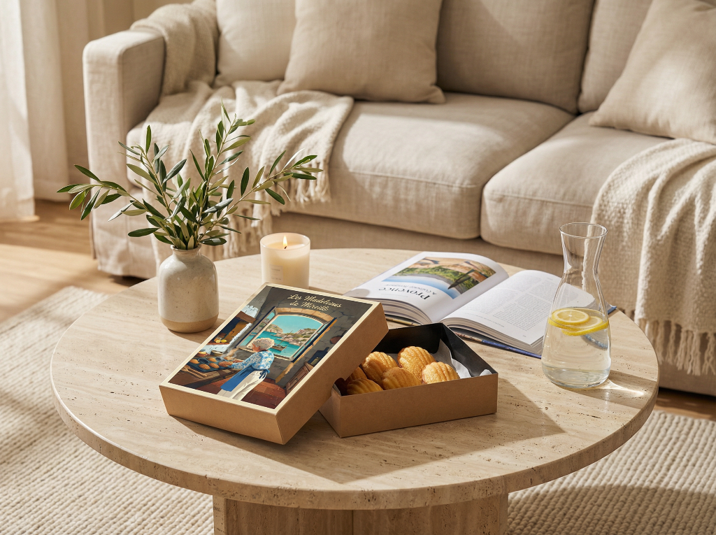Boîte kraft Les Madeleines de Mireille ouverte sur une table de salon, avec madeleines dorées et livre de Provence